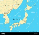 Political map of Japan, North Korea and South Korea with the capitals ...
