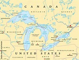 Great Lakes of North America political map. Lakes Superior, Michigan ...