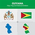 Mapa de guyana, bandera y emblema nacional | Vector Premium