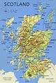 Grande detallado mapa de Escocia con relieve, carreteras, principales ciudades y aeropuertos ...