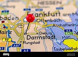 Darmstadt map. Close up of Darmstadt map with red pin. Map with red pin ...