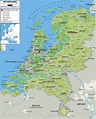Large physical map of Netherlands with roads, cities and airports ...