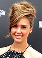 Jessica Alba Sophisticated Messy Updo with Side Swept Bangs ...