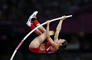 Jennifer Suhr of the U.S. competes in the women's pole vault final. She ...