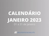 Calendário Janeiro 2023 com feriados e datas comemorativas