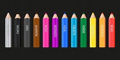 12 colorful wooden pencils. Names of colors - rojo, naranja, amarillo ...