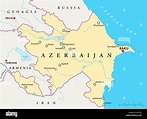 Azerbaijan Political Map with capital Baku, national borders, most important cities, rivers and ...