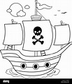 Barco pirata con velas blancas y cráneo y huesos cruzados. Blanco y ...