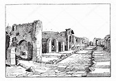 Pompeia, caminho dos túmulos, gravura vintage . — Vetor de Stock ...