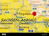 Dessau map. Close up of Dessau map with red pin. Map with red pin point ...