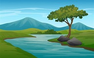 Paisaje de naturaleza con río y montaña | Vector Premium