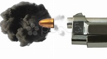 Extreme Slow Motion Of Bullet Leaving Gun Barrel With Explosion. Stock ...