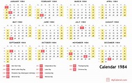 1984 Calendar with holidays - free printable calendar