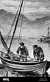 Fishing boats on engraving from 1800s Stock Photo - Alamy