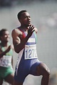 Namibia track athlete Frankie Fredericks competes in the heats during ...