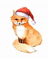 Christmas fox in red santa hat. Watercolor. Christmas fox in red santa ...