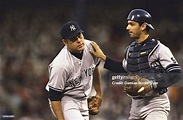 New York Yankees Hideki Irabu on mound talking to Jorge Posada during ...