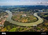Aerial view, Danube bend, Ybbs an der Donau, Lower Austria, Austria ...