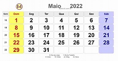 Calendário de maio de 2022 com feriados nacionais fases da lua e datas ...