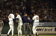 View of Boston Red Sox manager Jimy Williams on field arguing with ...