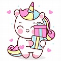 Cute unicorn cartoon kawaii vector holding birthday gift animal horn ...