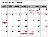 Excel November 2019 Calendar With Holidays | Printable calendar ...