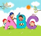 Niños de dibujos animados con letras abc | Vector Premium