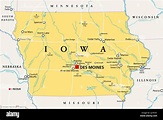 Iowa, IA, political map, with the capital Des Moines and most important ...