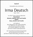 Traueranzeigen von Irma Deutsch | www.abschied-nehmen.de