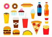 Colorful fast food set in flat style. Junk food vector icons collection ...