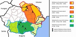 Principalities of Moldavia and Wallachia at their greatest, least and ...