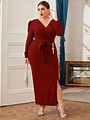 SHEIN Modely Plus Surplice Neck Rhinestone Detail Split Hem Belted Dress | SHEIN