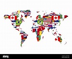 Muchas banderas de estados soberanos en el mapa del mundo forma sobre ...