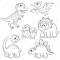 Set of cartoon dinosaurs. Black and white illustration for colorin ...