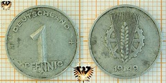 1 Pfennig, DDR, 1949, nominal, 1948-1950, + DEUTSCHLAND