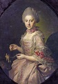 a painting of a woman in a pink dress holding a small object with her ...