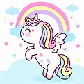lindo unicornio pegaso vector volando en el cielo pastel con dulce arco iris y nubes. pony ...