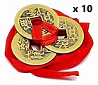 10 x Feng Shui Lucky Chinese Real i Ching Coins 3 tied 23mm Red Ribbon ...