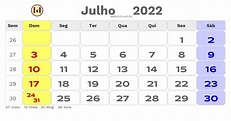 Calendário de julho de 2022 com feriados nacionais fases da lua e datas ...