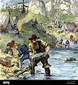 Prospectors panning for gold in the California Gold Rush. Hand-colored ...