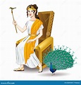 Goddess Hera On A Throne With A Staff And A Peacock Royalty-Free Stock ...