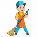 Premium Vector | Cleaner man in uniform holding a broom and smiling