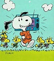 Snoopy Carrying a Boom Box With Woodstock and Friends Running Alongside ...