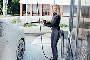 Beautiful Blonde Woman Washes Her Car at Car Wash Stock Image - Image ...