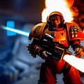 "A Space Marine futuristic soldier in the middle of the war in shooting ...