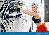 Young Woman Washes a Car in a Car Wash Stock Image - Image of ...