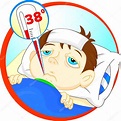 Vector illustration of Sick boy in bed with symptoms of fever and ...