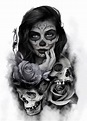 a woman with skulls and roses painted on her face is shown in black and ...