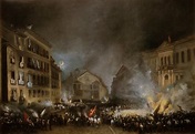 Episode of the Revolution of 1854 in Puerta del Sol in Madrid. Painting ...