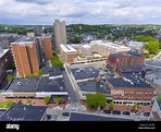Malden city aerial view on Centre Street in downtown Malden ...